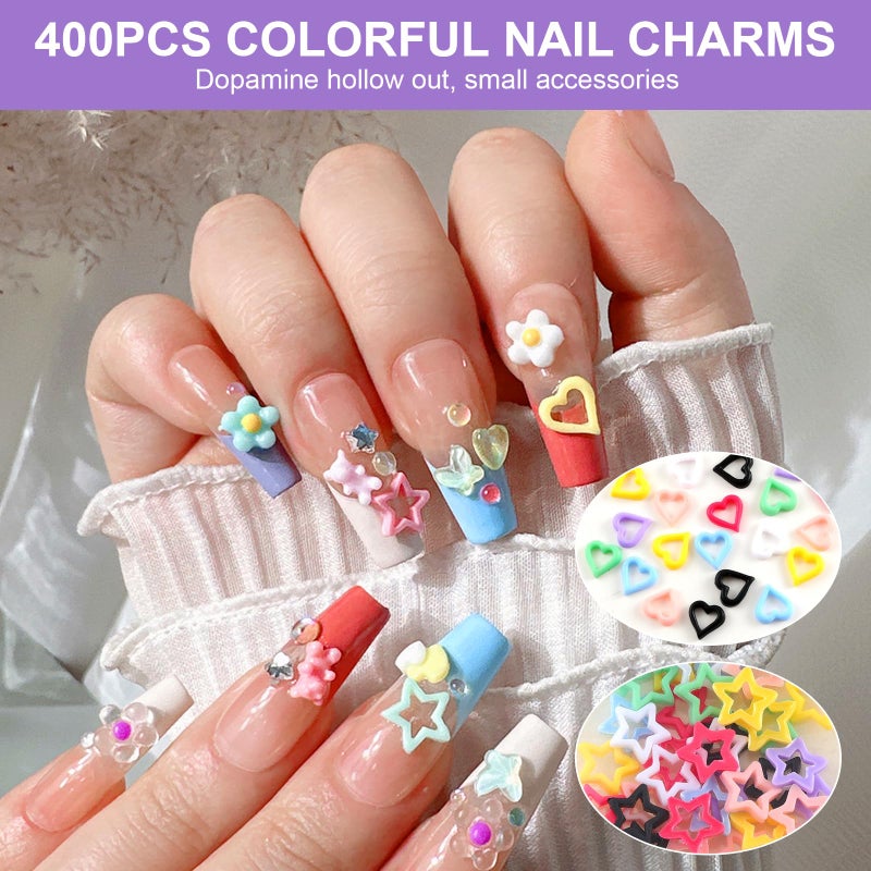panthra Charms for Nails 400 Pcs Set Star Nail Charms Mixed Colors Kawaii Nail Charms Suitable for Ladies and Girls Decoration DIY, Craft Jewelry (Heart * 200, Star * 200) - Image 3